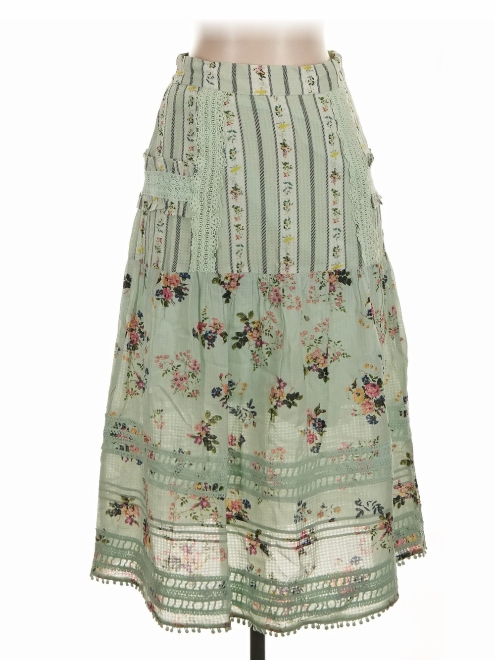 HEMANT & NANDITA Sage Green Floral Tiered Midi Skirt